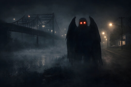 Mothman Cryptid with Glowing Red Eyes near Foggy Bridge at Night