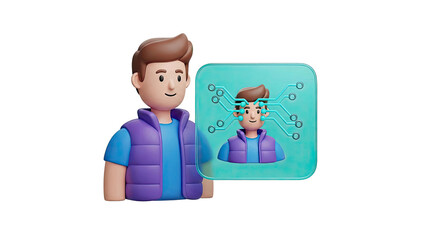 3D Cartoon Man with Digital Brain Interface on transparent background
