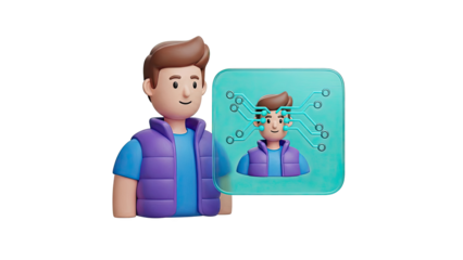 3D Cartoon Man with Digital Brain Interface on transparent background