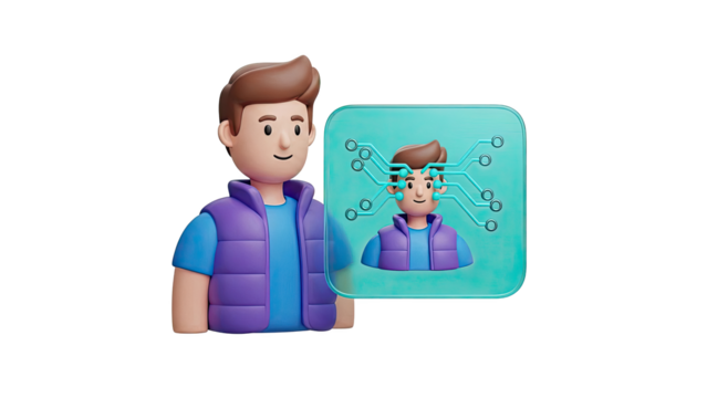 3D Cartoon Man with Digital Brain Interface on transparent background - Powered by Adobe