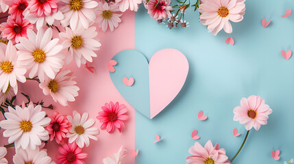 Beautiful heart shaped flowers and petals on pink blue background