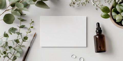Flat lay of a blank postcard mockup and a small, clean dropper bottle of plant