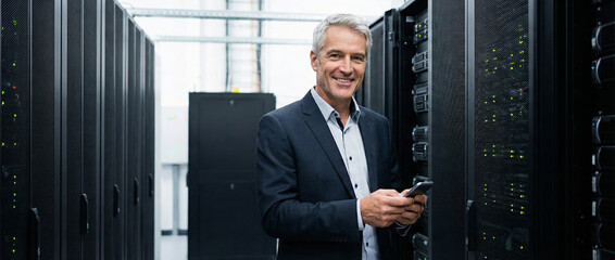 Worker checks data center app on a mobile phone.