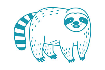 Fototapeta premium Cute turquoise sloth smiles and shows his striped tail in this drawing