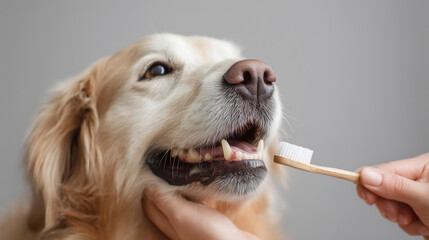 dog teeth brushing closeup, pet dental care at home, golden retriever tooth brushing
