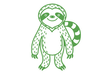 Fototapeta premium Standing cute green sloth with striped tail looks directly forward on the white backdrop