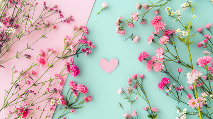Vibrant flowers in pink and blue background with heart