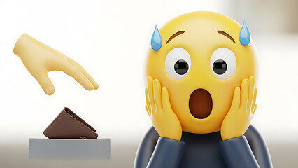 Surprised emoji character reacting to a hand offering a wallet with shocked expression and sweat drops on forehead in digital illustration