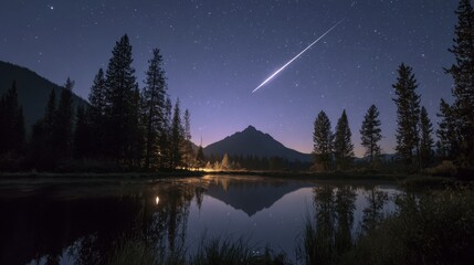 Nightscape A meteor streaks across starry sky above a mountain, reflected in calm water, framed by trees