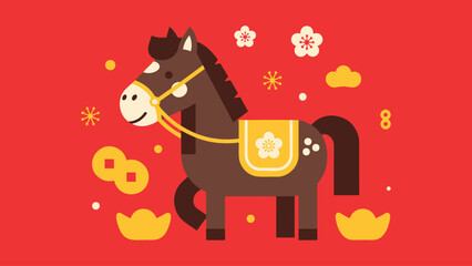 Cute cartoon horse with chinese new year decorations on red background