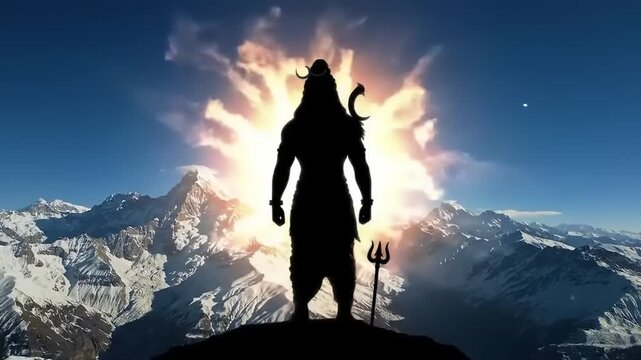 Silhouette of Lord Shiva standing on mountain peak with fiery explosion behind him.
