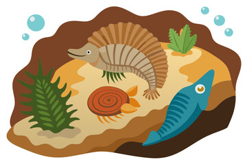 Prehistoric Sea Creature Fossils Geological Vector Illustration