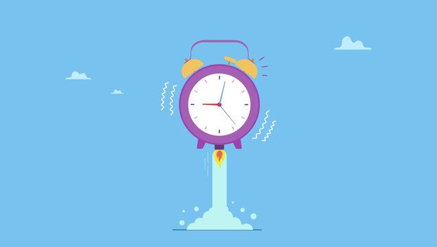 Ringing alarm clock with rocket booster successfully launching high into the sky. Time to start new business, entrepreneurship to launch project or time management.
