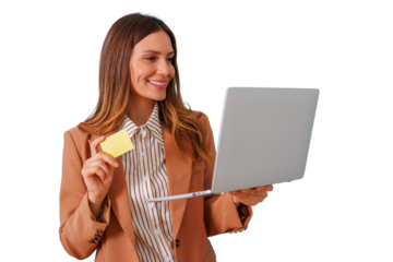 Woman holding a generic credit card and laptop, engaging in online shopping and secure e-commerce payment