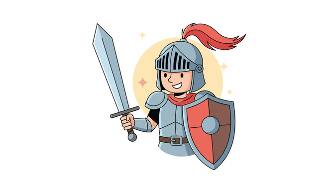 Brave and friendly cartoon knight in full armor holding a sword and shield, ready for a medieval adventure or battle.