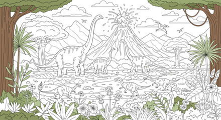 Obraz premium Detailed outline illustration of a prehistoric landscape for a coloring book, featuring dinosaurs, a volcano, and lush jungle plants.