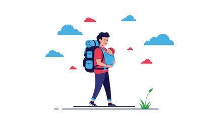 Father with a large backpack carrying his baby in a front carrier while hiking, illustrating adventurous parenting and family travel.