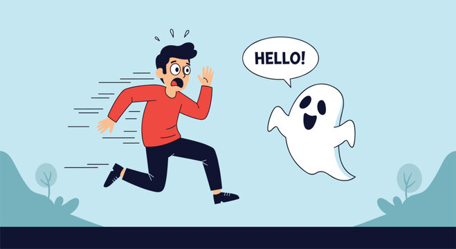 Scared man running away from a friendly ghost that is saying 'hello', a humorous illustration of fear and misunderstanding.