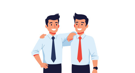 Two happy and confident businessmen in shirts and ties standing together, with one having his arm around the other, showing friendship and teamwork.