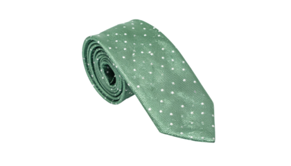 Rolled light green tie with small pink polka dots