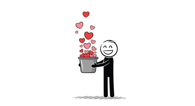 Cheerful stick figure man holding a bucket overflowing with hearts, a charming illustration representing love, kindness, and sharing affection.