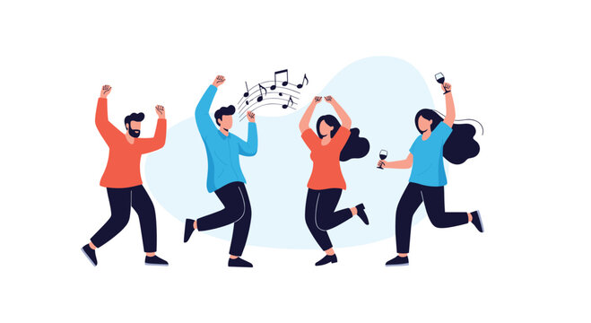 Group of diverse and happy young people dancing together at a party, celebrating with music and drinks in a fun and energetic cartoon style.