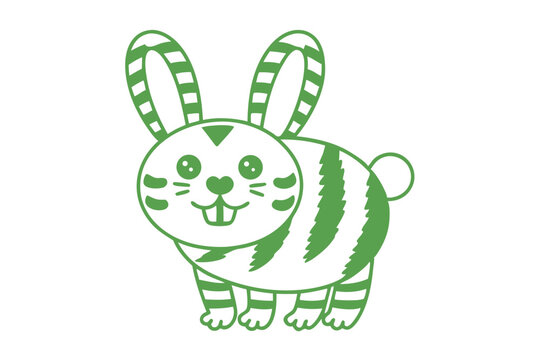 Cheerful striped green rabbit smiles with buck teeth on a clean white backdrop