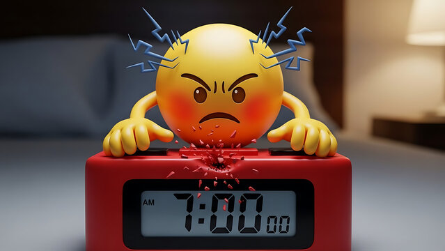 Angry yellow emoji with lightning bolts exploding from head on red digital alarm clock at 7 00 am on bedside table