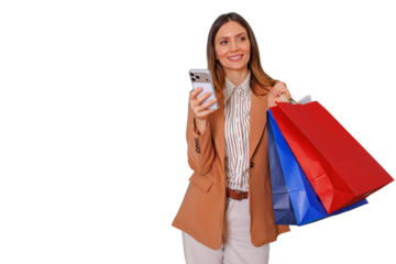 Happy young woman carrying shopping bags and checking smartphone, enjoying a purchase, consumer lifestyle on transparent background