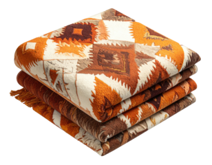 Stacked, folded blankets; abstract geometric patterns