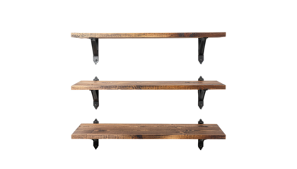 Three wood shelves with dark metal brackets on dark background