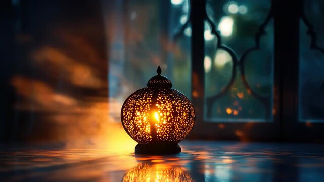 Glowing lantern on table. Dim and warm light emanates from the flame. Safety concerns are addressed by its design. Candle holder is ornate, possibly ethnic.