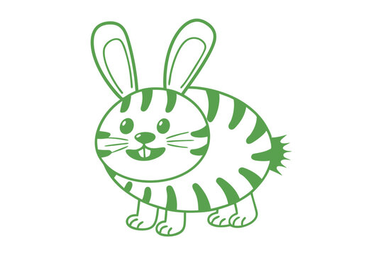 Simple green cartoon rabbit with stripes and buck teeth smiles cheerfully