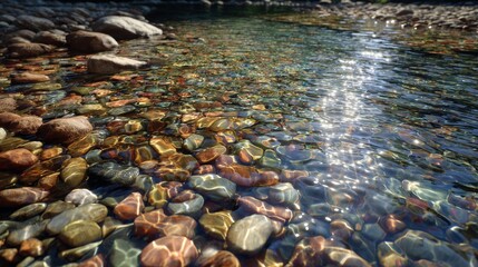 Sunlight glistens on clear, shallow water revealing a colorful, stony riverbed. Focus on water?s surface to show reflections