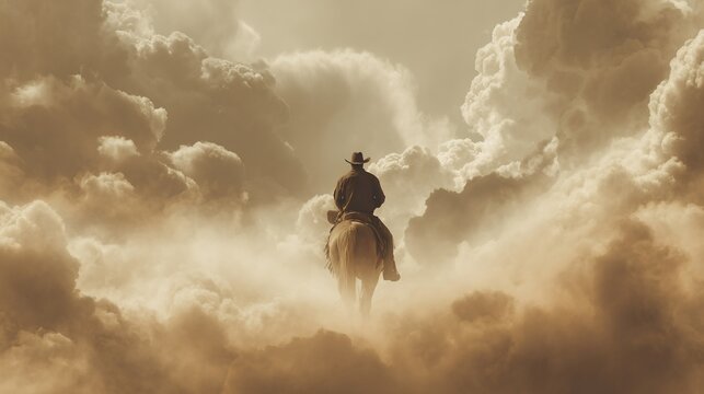 Cowboy riding horse through clouds, dramatic sky background. Image for western themes, travel