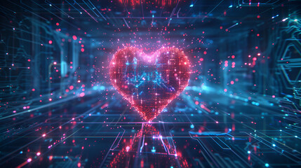 Vibrant digital heart in futuristic circuit board background