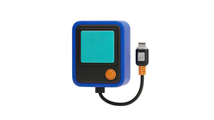 Blue portable device with charging cable on transparent background
