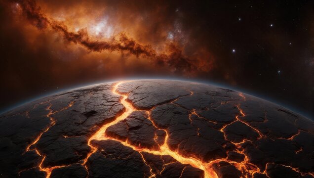 Cracked Earth Surface with Molten Lava Flowing Under a Cosmic Nebula.