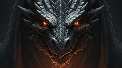 Fierce dragon with glowing orange eyes stares intensely in darkness