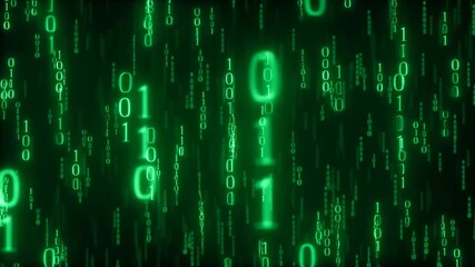 Neon green binary code cascade with dynamic digital rain effect on black background, loopable data stream animation - Powered by Adobe