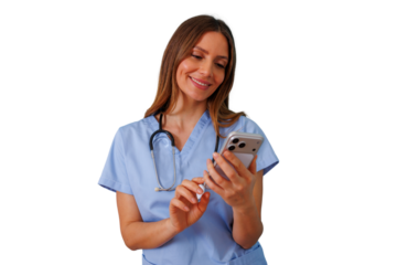 Medical worker in scrubs smiling, looking down at cell phone, checking messages, or accessing health data. Transparent background