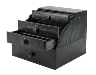 Black, stacked, leather-look box with partially-open drawers