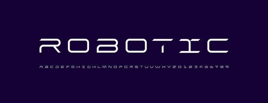 Technical font, digital wide alphabet, cyber white letters from A to Z and numbers from 0 to 9 for you logo designs, vector illustration 10EPS