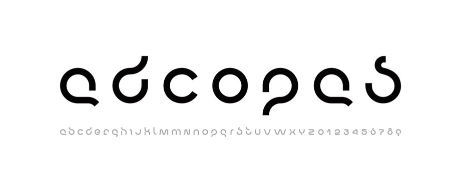 Technology bold font, digital cyber alphabet, Latin letters A, B, C, D, E, F, G, H, I, J, K, L, M, N, O, P, Q, R, S, T, U, V, W, X, Y, Z and Arab numerals 0, 1, 2, 3, 4, 5, 6, 7, 8, 9 space style