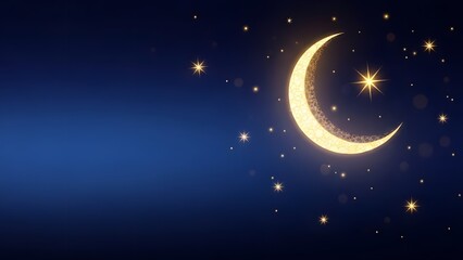 Naklejka premium Elegant Ramadan background with crescent moon and stars, dark blue gradient, copy space.