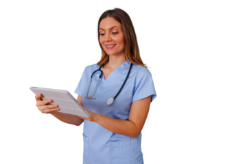 Female nurse or doctor wearing scrubs and a stethoscope while looking at a digital tablet, representing modern healthcare solutions