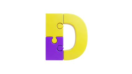 3D Puzzle letter D formed by yellow and purple pieces on transparent background