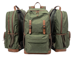 Three green backpacks, leather straps & accents