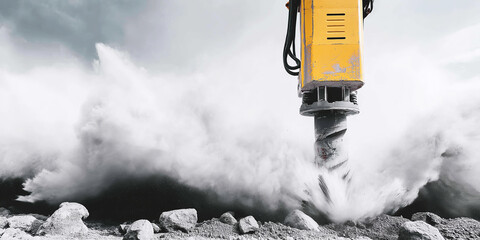 Heavy machinery drilling into rock, powerful demolition equipment creating dust on a construction site