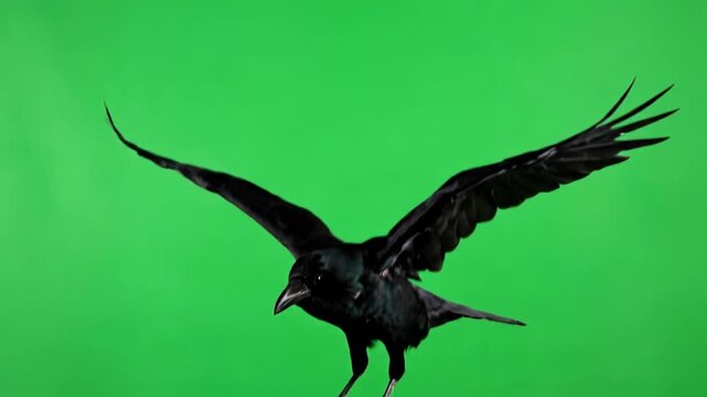 A graceful crow descending and landing softly, isolated on a green screen arrival, motion graphics, studio